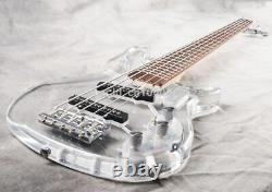 5 Strings Acrylic Body Electric Bass Guitar Crystal Blue LED Light Maple Neck