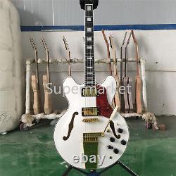 6 String White Electric Guitar Semi Hollow Body Gold Part HH Pickup Fast Ship