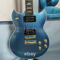Custom 6 String Electric Guitar Metallic Blue HH Pickups Mahogany Neck Gold Part