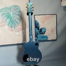 Custom 6 String Electric Guitar Metallic Blue HH Pickups Mahogany Neck Gold Part