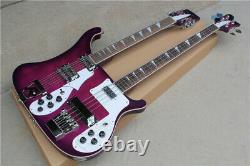 Custom Double Neck Purple Electric Bass and Guitar, 4+12 Strings, Chrome Hard