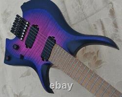 Fanned frets 7 Strings Headless Electric Guitar Blue 5-ply Roasted Maple Neck