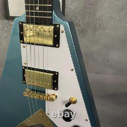Metallic Blue Electric Guitar HH Pickup Gold Hardware String Thru Body 6 String