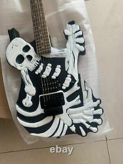 Unique Electric Black Skull Guitar Carved Bones Body 6 String W New String